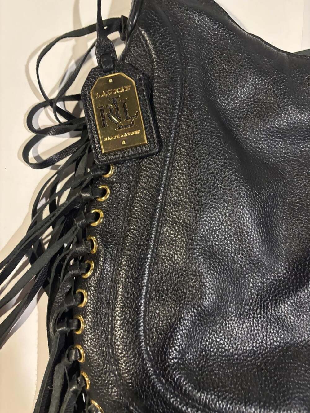 Lauren Ralph Lauren Black Leather Fleetwood Fringe Hobo Bag Purse - Picture 3 of 5